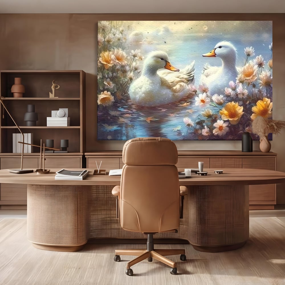 Tablou canvas cu tablou canvas cu rate pe lac, fara rama, pe sasiu de lemn, pe perete intr-un birou